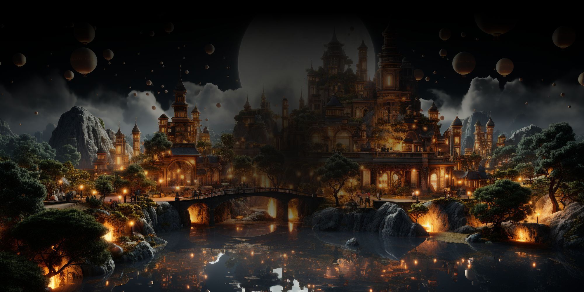 Fantasy noční město s hořícími lucernami a klenutým mostem nad jezerem, inspirované světem ACOTAR